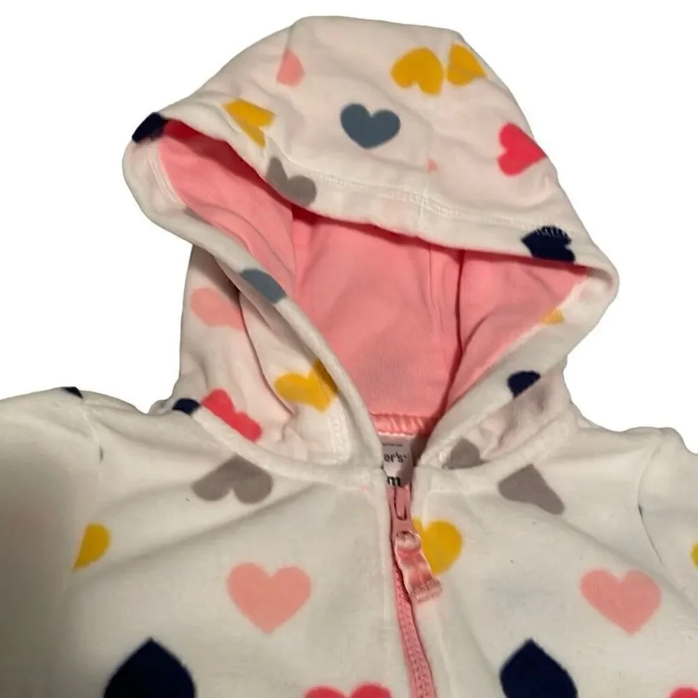 NWOT Carters White Heart Print Footless Long Sleeve Hooded Zip Up Footless Jumpe